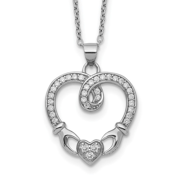 Sterling Silver Claddagh Heart CZ W/ 1 in ext.Necklace