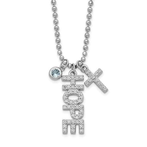 Rhodium-plated Sterling Silver CZ and Cross Diamond-cut Bead Chain Necklace