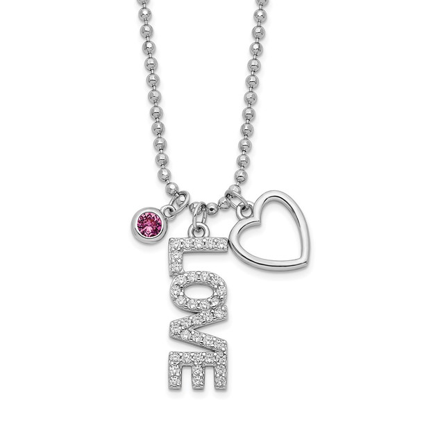 Rhodium-plated Sterling Silver CZ and Heart Diamond-cut Bead Chain Necklace