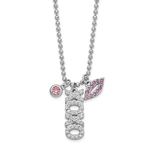 Rhodium-plated Sterling Silver CZ XOXO and Lips Diamond-cut Bead Chain Necklace