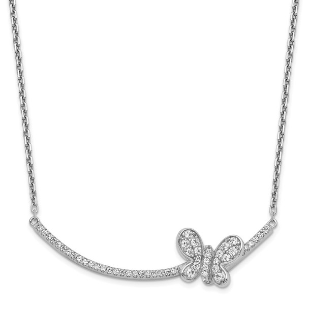Rhodium-plated Sterling Silver CZ Butterfly Bar 2in ext Necklace