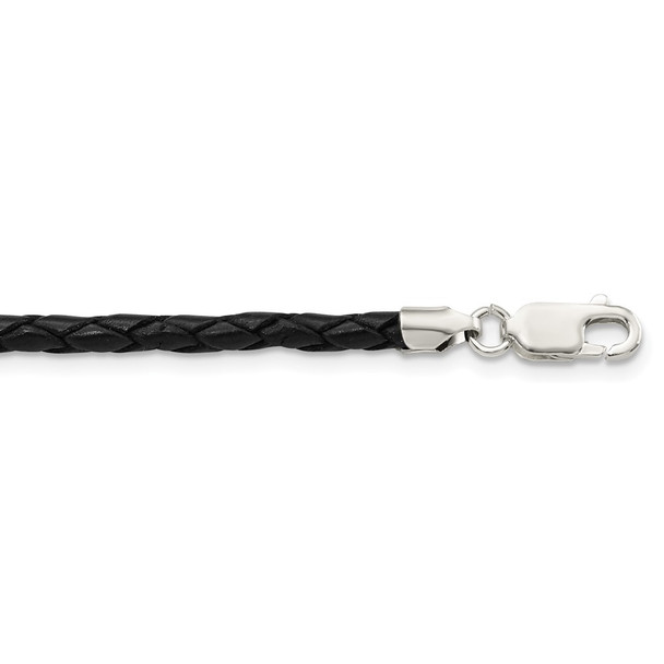 Sterling Silver 20inch 3mm Black Leather Braided Necklace