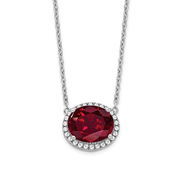 14k White Gold Oval Created Ruby/Diamond 18in. Halo Necklace