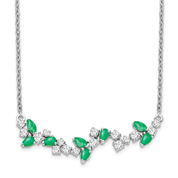 14k White Gold Emerald and Diamond 18in. Floral Bar Necklace