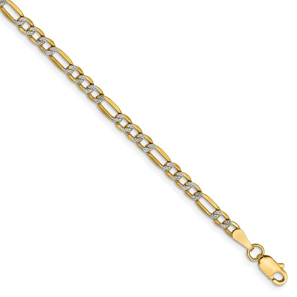7" 14k Yellow Gold 3.2mm Semi-solid w/ Rhodium-plating Pave Figaro Chain Bracelet