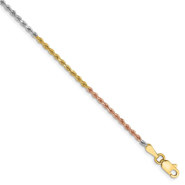 10" 14k Tri-color Gold 1.75mm Diamond-cut Rope Chain Anklet