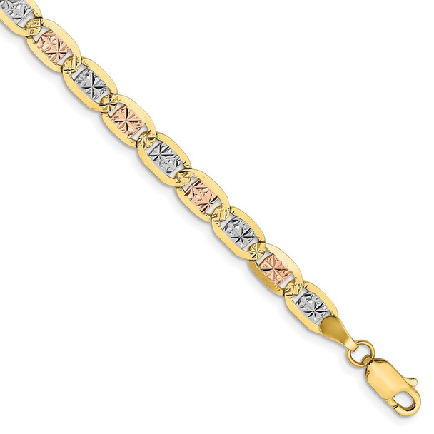 7" 14k Tri-color Gold 4.65mm Rose & White Rhodium-plating Pave Valentino Chain Bracelet