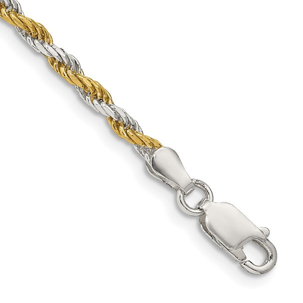 7" Sterling Silver And Vermeil 2.5mm Diamond-cut Rope Chain Bracelet