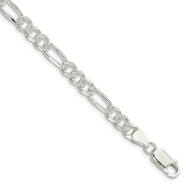 8" Sterling Silver 5.5mm Pave Flat Figaro Chain Bracelet