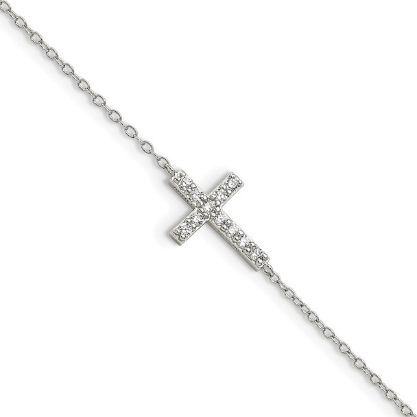 Sterling Silver with CZ Sideways Cross w 1 IN EXT Bracelet
