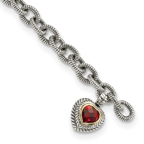 Sterling Silver w/14k Yellow Gold Garnet Heart Link Bracelet