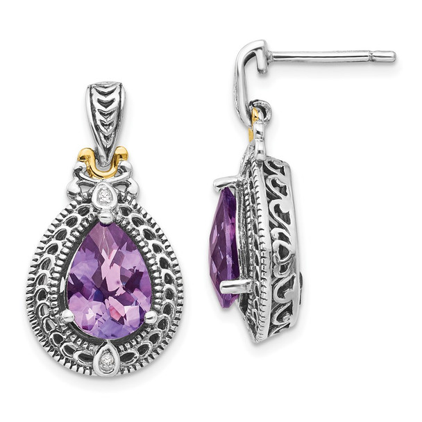 Sterling Silver w/14k Yellow Gold Diamond & Amethyst Earrings