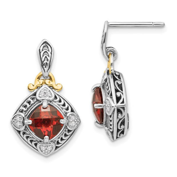 Sterling Silver w/14k Yellow Gold Diamond & Garnet Earrings QTC667