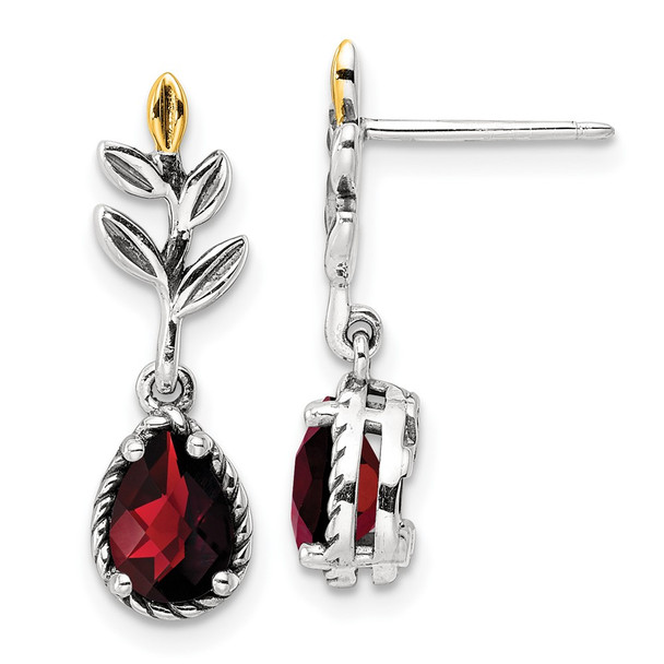 Sterling Silver w/14k Yellow Gold Leaf 1.49ctw Garnet Dangle Post Earrings