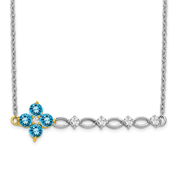 14k Two-tone Gold Blue Topaz and Diamond Floral Bar Necklace