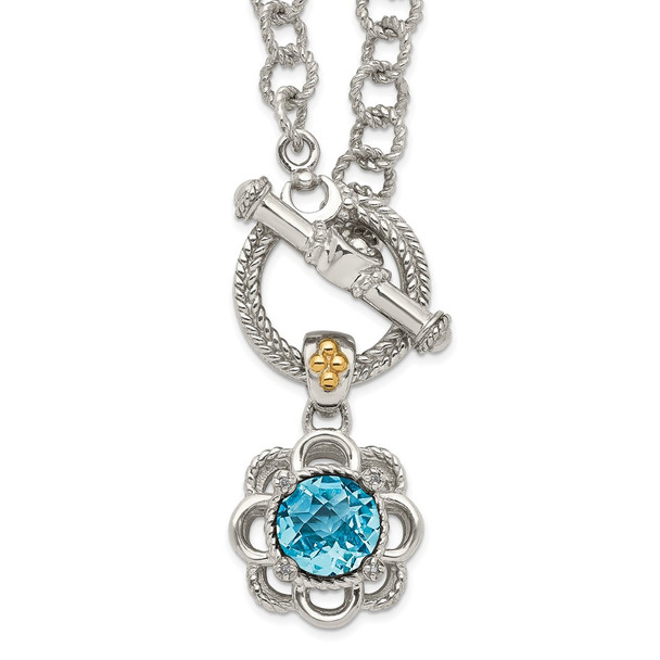 Sterling Silver w/ 14k Yellow Gold Accent Light Swiss Blue Topaz & Diamond Toggle Necklace