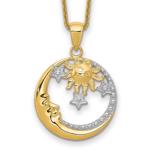 14k Yellow Gold and Rhodium Diamond-cut Moon, Stars, and Sun Necklace