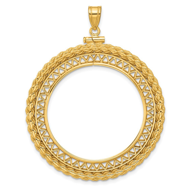 14k Yellow Gold Filigree w/ Rope Screw Top For Coin Bezel Pendant 37 mm