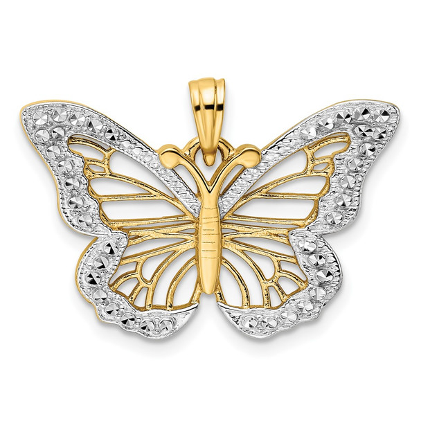 14k Yellow Gold and White Rhodium Diamond-cut Butterfly Pendant