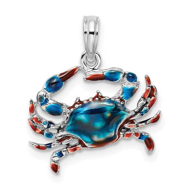 Sterling Silver Polished Enameled Blue Crab Pendant QC10734