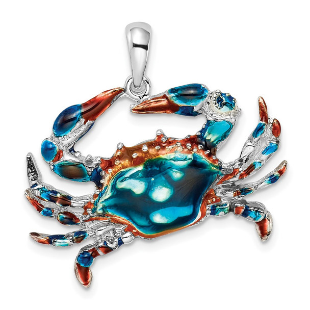 Sterling Silver Polished Enameled Blue Crab Pendant QC10724