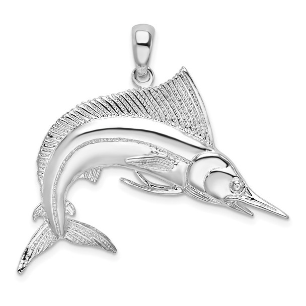 Sterling Silver Polished and Satin Striped Marlin Pendant