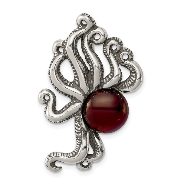 Sterling Silver Antiqued & Textured Octopus w/ Red Stone Chain Slide Pendant