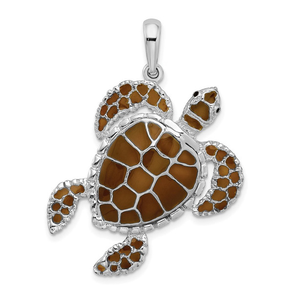 Sterling Silver Polished Enameled Brown Sea Turtle Pendant QC9778