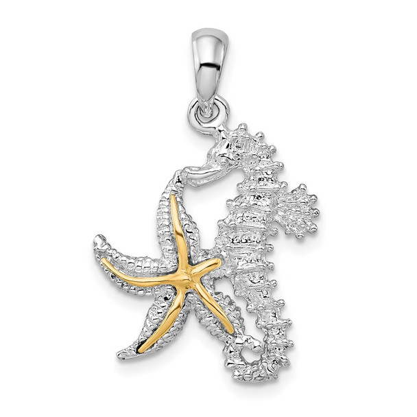 Sterling Silver Polished Seahorse and Starfish w/14k Yellow Gold Pendant