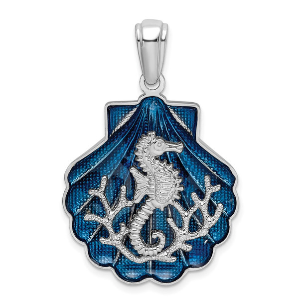 Sterling Silver Polished Enameled Blue Shell w/Seahorse Pendant