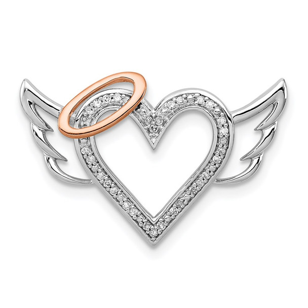 Sterling Silver Rhodium W/10K Rose Gold Diamond Heart/Wings Slide Pendant