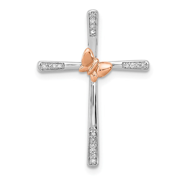 Sterling Silver & 14k Rose Gold True Two-tone Butterfly Diamond Cross Pendant