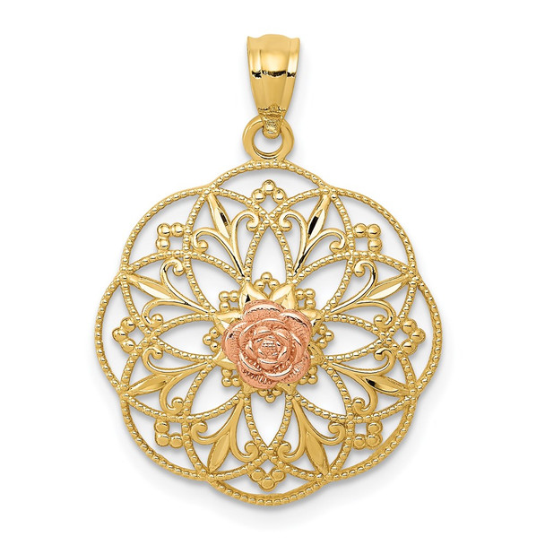 14k Yellow and Rose Gold Polished Rose in Round Filigree Pendant