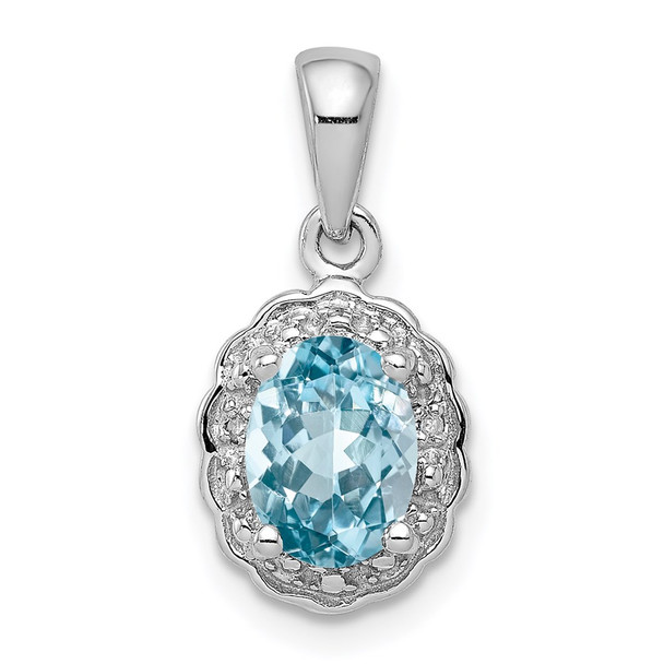 Sterling Silver Rhodium Plated Diamond & Light Swiss Blue Topaz Oval Pendant