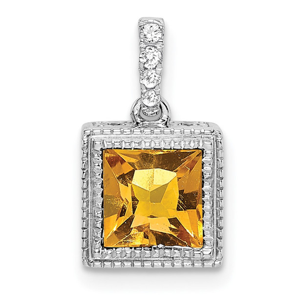 14k White Gold Square Citrine and Diamond Pendant