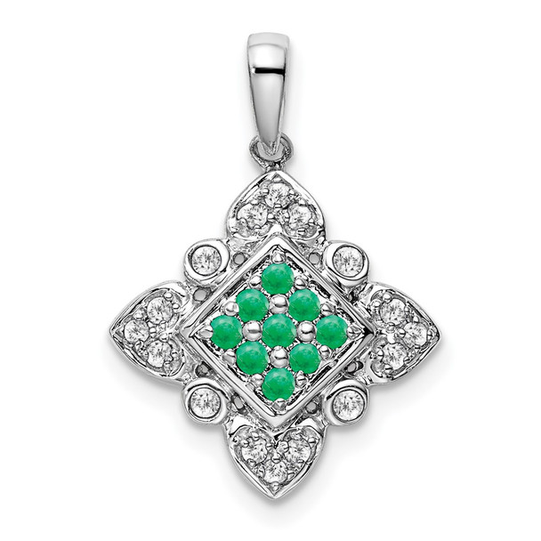 14k White Gold Emerald and Diamond Vintaged Pendant