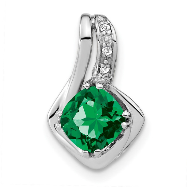 14k White Gold Created Emerald and Diamond Pendant
