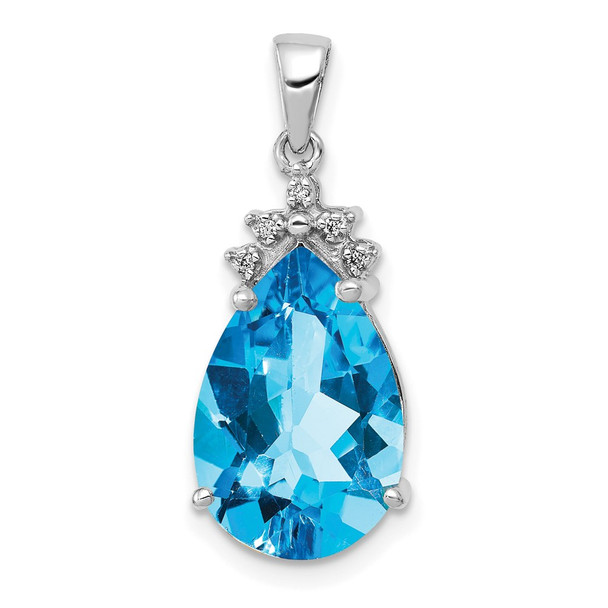 14k White Gold Pear Blue Topaz & Diamond Pendant