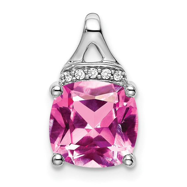 14k White Gold Cushion Created Pink Sapphire/Diamond Pendant