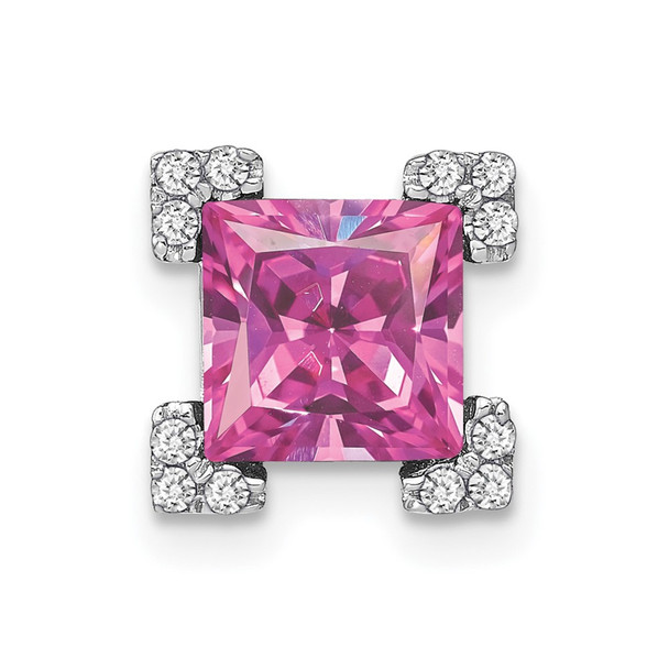 14k White Gold Square Created Pink Sapphire/Diamond Chain Slide Pendant