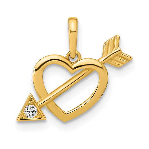 14k Yellow Gold Polished Cut out Heart with Arrow CZ Pendant