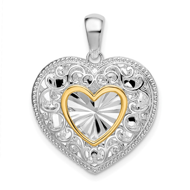 Sterling Silver Polished Fancy Heart w/14k Yellow Gold Accent Pendant