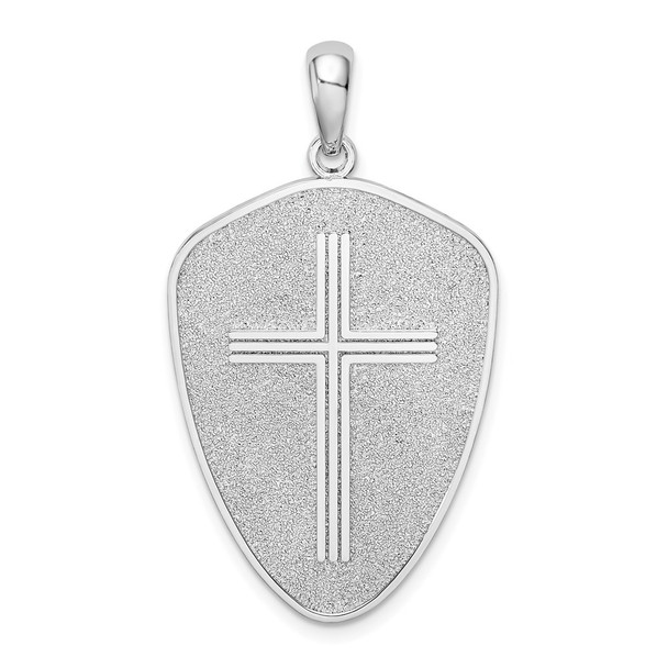Sterling Silver Textured Cross Shield Joshua 1:9 on Reverse Pendant