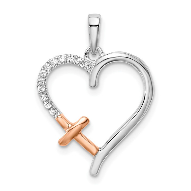 14k Two-tone Gold White and Rose Heart w/Cross Diamond Pendant