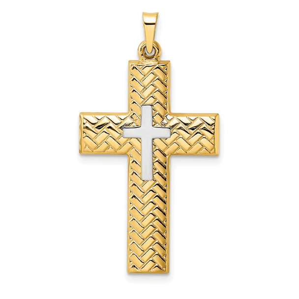 14k Two-tone Gold Polished Hollow Woven Double Cross Pendant