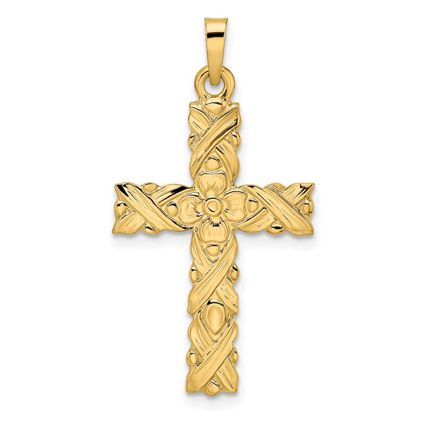 14k Yellow Gold Polished and Textured Solid Floral Cross Pendant XR1902