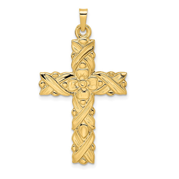 14k Yellow Gold Polished and Textured Floral Solid Cross Pendant