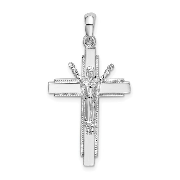 Sterling Silver Polished Beaded Edge Crucifix Pendant
