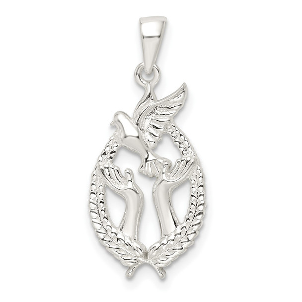 Sterling Silver Polished Dove with Hands Pendant