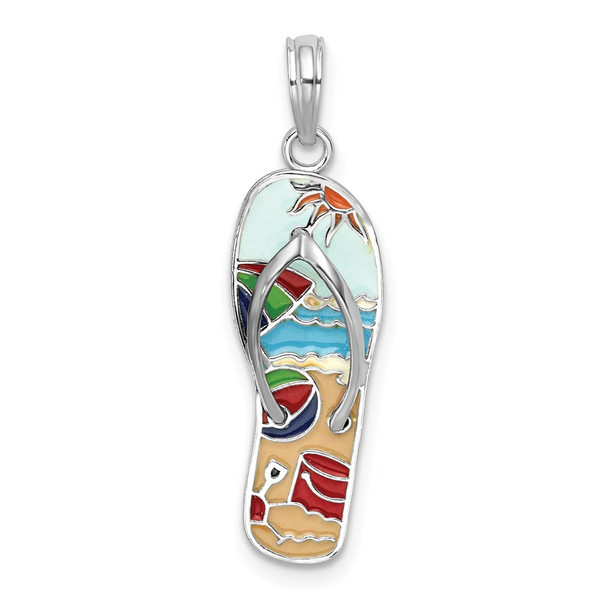 Sterling Silver Polished 3D Enameled Beach Scene Flip-flop Pendant